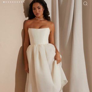 Oh Polly Strapless Corset Tulle Midi Dress in White Marise
